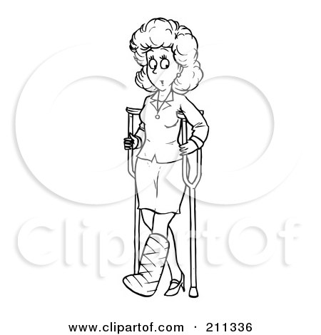 Royalty-Free (RF) Clipart Illustration of a Coloring Page Outline Of A Woman Using Crutches by Alex Bannykh