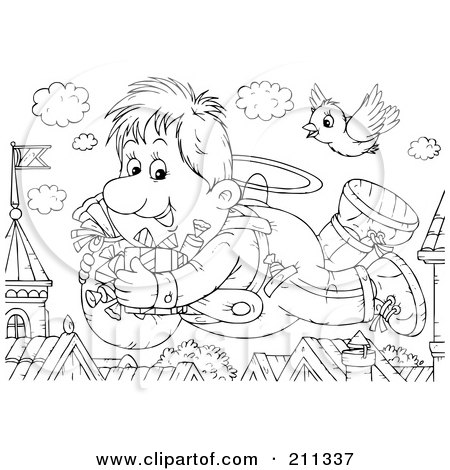 Royalty-Free (RF) Clipart Illustration of a Coloring Page Outline Of A Flyer Boy With Gifts by Alex Bannykh