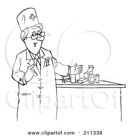 Royalty-Free (RF) Clipart Illustration of a Coloring Page Outline Of A Pharmacist By Pills by Alex Bannykh