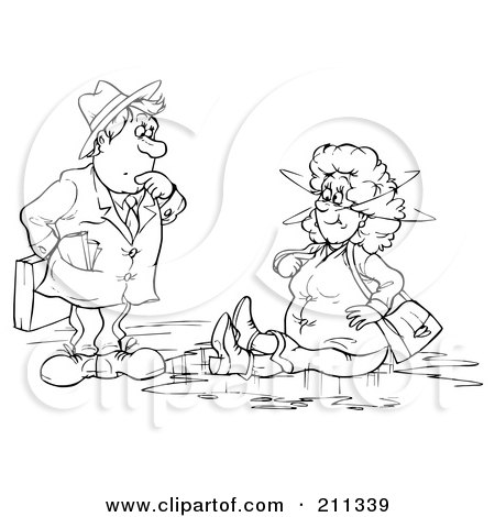 Royalty-Free (RF) Clipart Illustration of a Coloring Page Outline Of A Businessman Staring At A Woman In A Puddle by Alex Bannykh