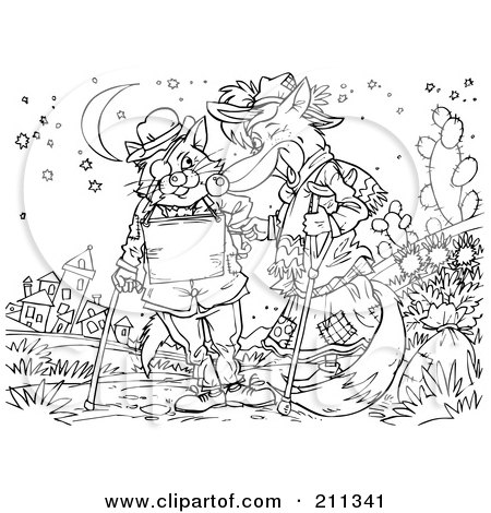 Royalty-Free (RF) Clipart Illustration of a Coloring Page Outline Of A Fox And Cat Talking by Alex Bannykh
