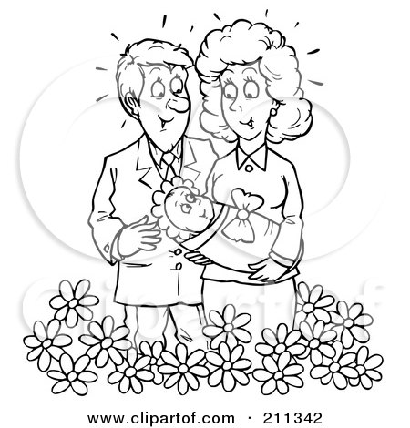 Royalty-Free (RF) Clipart Illustration of a Coloring Page Outline Of A Couple Holding Their Baby In Flowers by Alex Bannykh