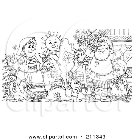 Royalty-Free (RF) Clipart Illustration of a Coloring Page Outline Of A Happy Family By A Giant Turnip by Alex Bannykh