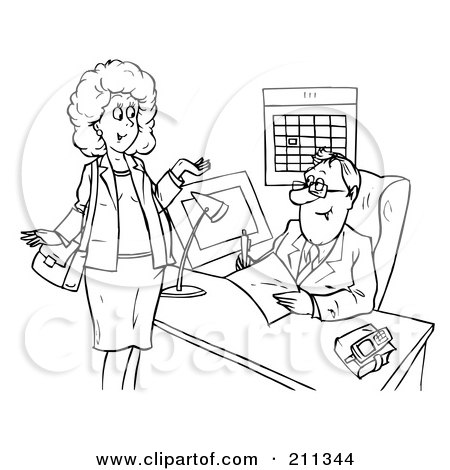 Royalty-Free (RF) Clipart Illustration of a Coloring Page Outline Of A Woman Chatting With A Businsesman by Alex Bannykh