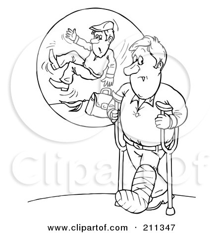 Royalty-Free (RF) Clipart Illustration of a Coloring Page Outline Of A Man Using Crutches, Remembering His Fall by Alex Bannykh