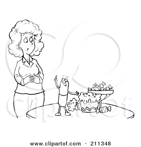 Royalty-Free (RF) Clipart Illustration of a Coloring Page Outline Of A Diet Pill Talking To A Woman About Food by Alex Bannykh