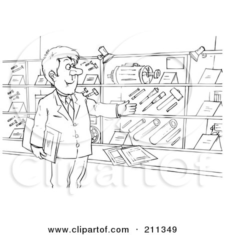 Royalty-Free (RF) Clipart Illustration of a Coloring Page Outline Of A Salesman Showing Tools On Display by Alex Bannykh