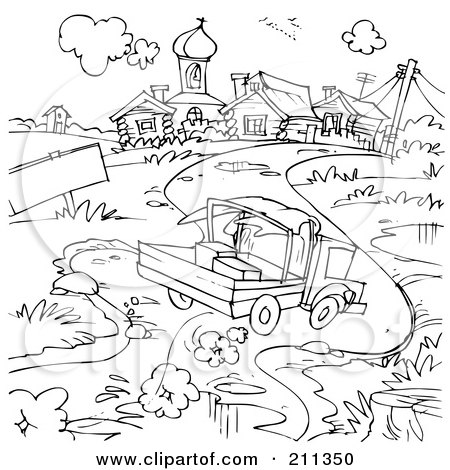 Royalty-Free (RF) Clipart Illustration of a Coloring Page Outline Of A Truck Driving Down A Road by Alex Bannykh