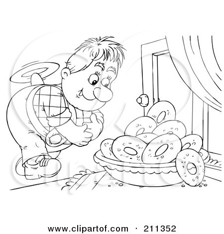 Royalty-Free (RF) Clipart Illustration of a Coloring Page Outline Of A Flyer Boy Admiring Donuts In A Window by Alex Bannykh