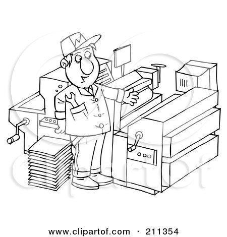 Royalty-Free (RF) Clipart Illustration of a Coloring Page Outline Of A Man Repairing A Printing Press by Alex Bannykh