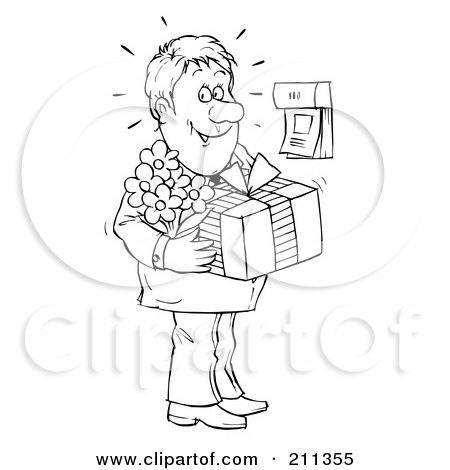 Royalty-Free (RF) Clipart Illustration of a Coloring Page Outline Of A Sweet Man Holding Flowers And A Gift by Alex Bannykh