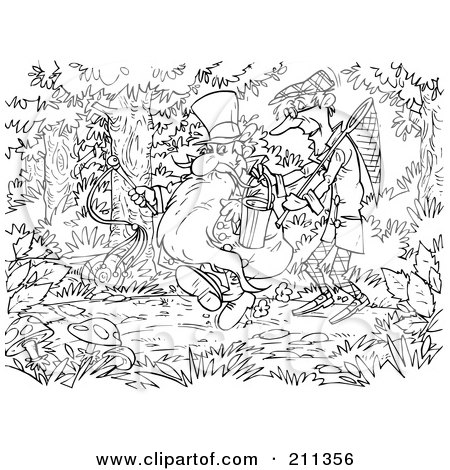Royalty-Free (RF) Clipart Illustration of a Coloring Page Outline Of Bad Men Walking In The Woods by Alex Bannykh