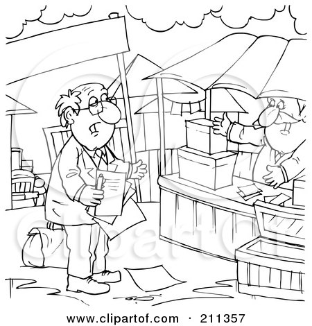 Royalty-Free (RF) Clipart Illustration of a Coloring Page Outline Of A Salesman Approaching A Vendor by Alex Bannykh