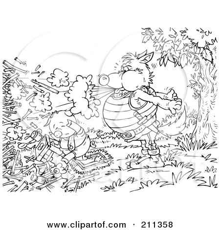 Royalty-Free (RF) Clipart Illustration of a Coloring Page Outline Of A Wolf Blowing Down A Pig's Stick House by Alex Bannykh