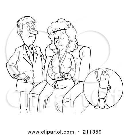 Royalty-Free (RF) Clipart Illustration of a Coloring Page Outline Of A Male Doctor Inspecting A Female by Alex Bannykh