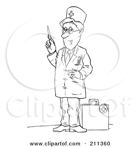 Royalty-Free (RF) Clipart Illustration of a Coloring Page Outline Of A Doctor Standing By A Medical Bag by Alex Bannykh