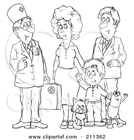 Royalty-Free (RF) Clipart Illustration of a Coloring Page Outline Of A Doctor Talking With A Family by Alex Bannykh