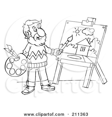 Royalty-Free (RF) Clipart Illustration of a Coloring Page Outline Of A Male Artist Painting A House by Alex Bannykh