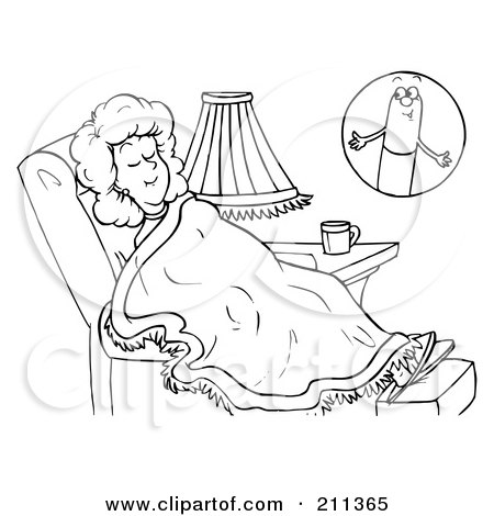 Royalty-Free (RF) Clipart Illustration of a Coloring Page Outline Of A Woman Dreaming Of A Pill by Alex Bannykh