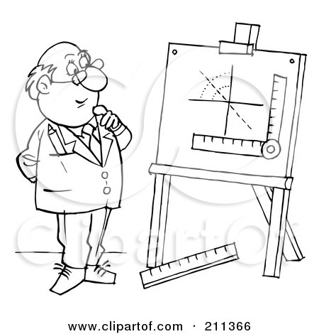 Royalty-Free (RF) Clipart Illustration of a Coloring Page Outline Of A Man With Measurements On An Easel by Alex Bannykh