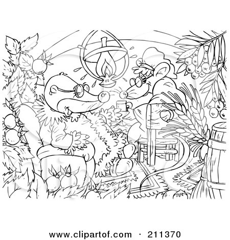 Royalty-Free (RF) Clipart Illustration of a Coloring Page Outline Of Two Moles In Their Home by Alex Bannykh