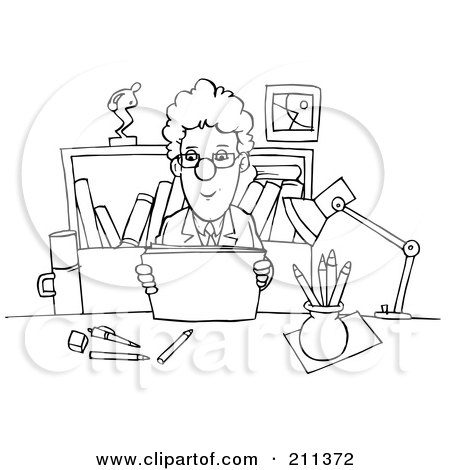 Royalty-Free (RF) Clipart Illustration of a Coloring Page Outline Of A Businessman Reading At A Desk by Alex Bannykh