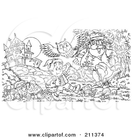 Royalty-Free (RF) Clipart Illustration of a Coloring Page Outline Of An Evil Man Chasing A Boy By A Castle by Alex Bannykh