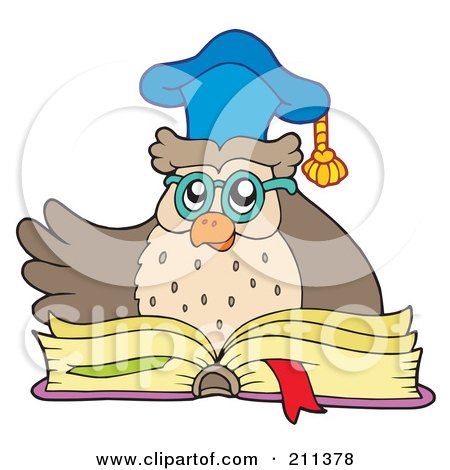 Royalty-Free (RF) Clipart Illustration of an Owl Teacher Over An Open Book by visekart