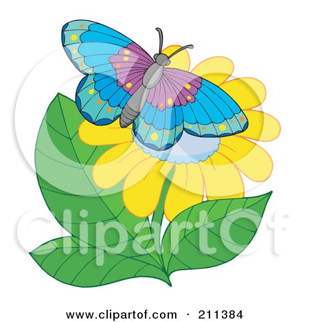 Royalty-Free (RF) Clipart Illustration of a Butterfly Resting On A Yellow Flower by visekart