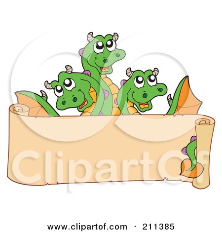 Royalty-Free (RF) Clipart Illustration of a Three Headed Dragon Behind A Blank Scroll Banner by visekart