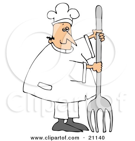 Clipart Illustration of a Pleased White Chef Man In Uniform, Standing With A Large Fork In Front Of Him by djart