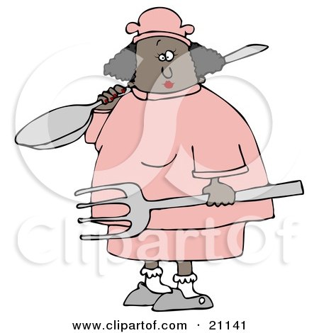 Clipart Illustration of a Black Chef Woman In A Pink Uniform And Chefs Hat, Carrying A Large Fork And A Spoon On Her Shoulder by djart