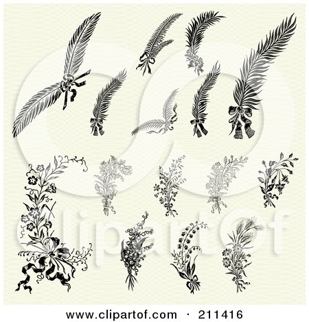 Royalty-Free (RF) Clipart Illustration of a Digital Collage Of Ornate Floral And Feather Designs by BestVector