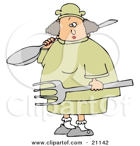 Clipart Illustration of a White Chef Woman In A Yellow Uniform And Chefs Hat, Carrying A Large Spoon And Fork In A Kitchen by djart