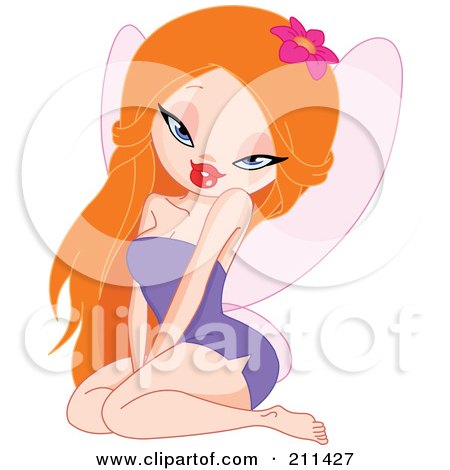 Royalty-Free (RF) Clipart Illustration of a Sexy Red Haired Pixie Sitting In A Purple Dress by yayayoyo