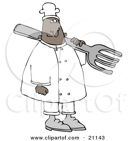 Clipart Illustration of a Black Chef Man In A White Uniform And Chefs Hat, Carrying A Large Fork Over His Shoulder by djart