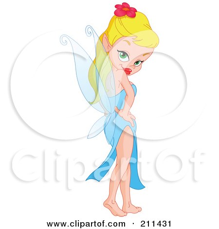 Royalty-Free (RF) Clipart Illustration of a Flirty Blond Pixie In A Blue Dress, Looking Back by yayayoyo