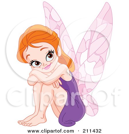 Royalty-Free (RF) Clipart Illustration of a Happy Red Haired Fairy In A Purple Dress, Resting Her Head On Her Knees by yayayoyo