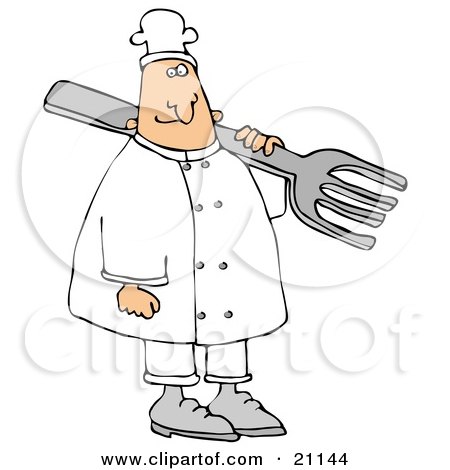 Clipart Illustration of a Happy White Chef Wearing A Hat, Carrying A Large Fork Over His Shoulder by djart