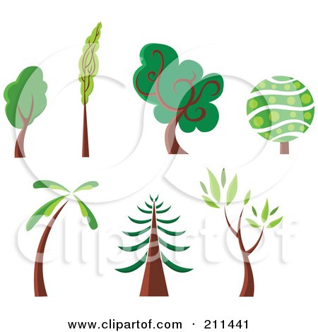 Royalty-Free (RF) Clipart Illustration of a Digital Collage Of Columnar, Lush, Round, Palm And Redwood Trees by yayayoyo