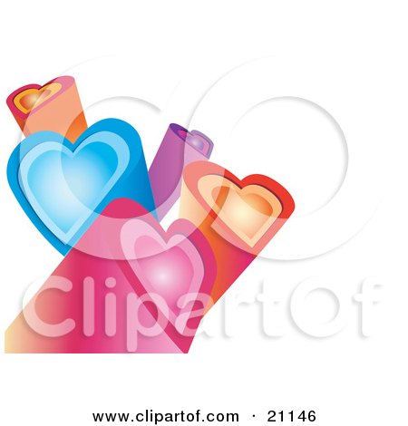 Clipart Illustration of Pink, Orange, Blue And Purple Heart Columns Facing Different Directions Over A White Background by elaineitalia