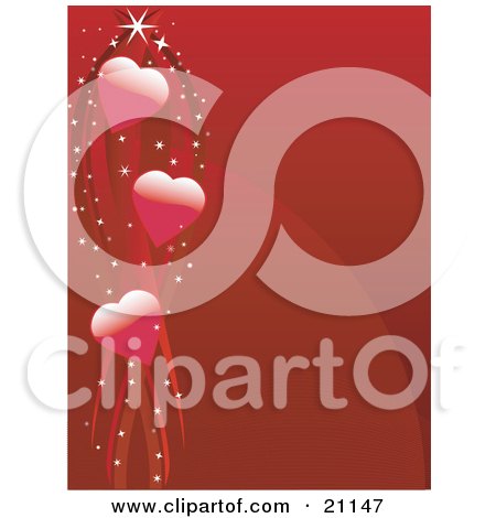Clipart Illustration of a Romantic Red Valentine's Day Background Of Three Hearts With Sparkling Ribbons by elaineitalia