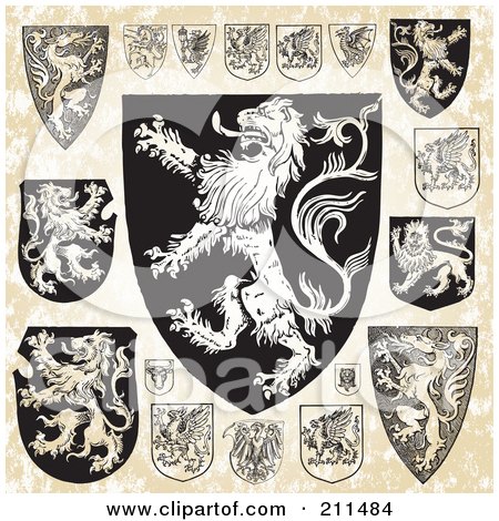 Royalty-Free (RF) Clipart Illustration of a Digital Collage Of Medieval Lion Shield Designs by BestVector