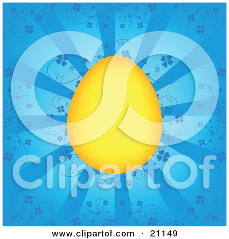 Clipart Illustration of a Bright Yellow Dyed Easter Egg Over A Blue Background With Floral Vines And Rays Of Light by elaineitalia