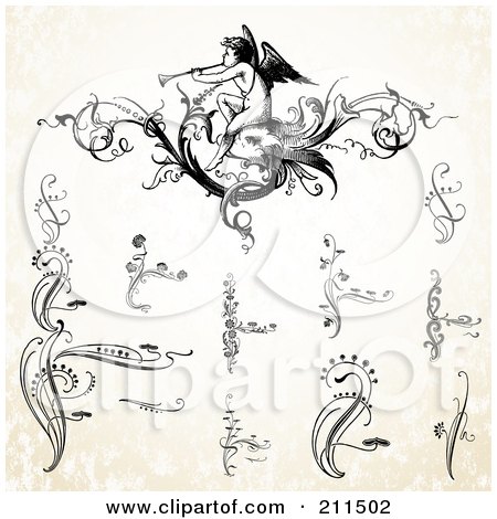 Royalty-Free (RF) Clipart Illustration of a Digital Collage Of Swirl Designs And An Angel Playing A Trumpet by BestVector