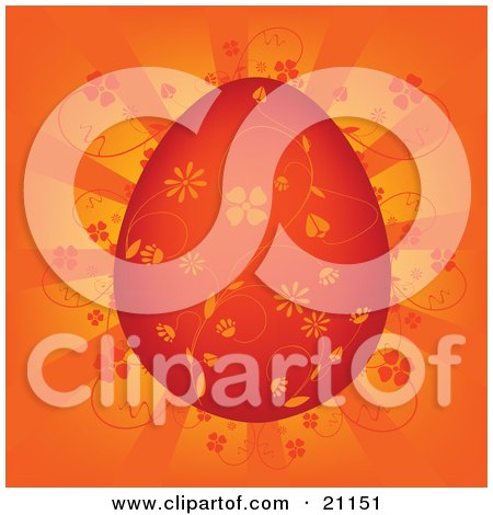 Clipart Illustration of a Beautiful Intricate Red Easter Egg With Orange Floral Designs Over A Lighted Background by elaineitalia