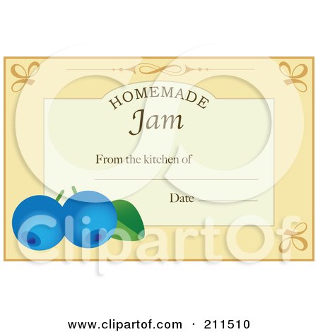 Royalty-Free (RF) Clipart Illustration of a Pastel Orange Homemade Jam From The Kitchen Of Label With Blueberries, Text And Date Space by Eugene