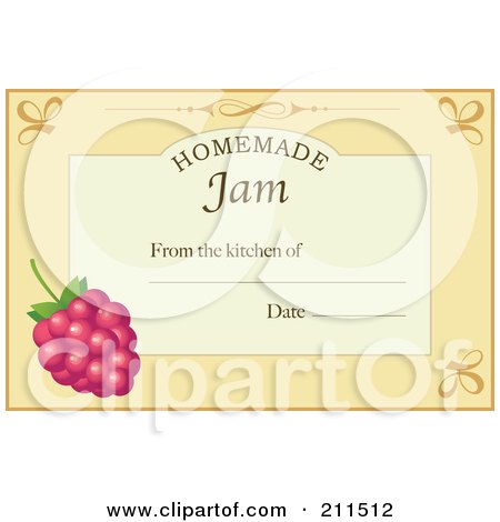 Royalty-Free (RF) Clipart Illustration of a Pastel Orange Homemade Jam From The Kitchen Of Label With A Raspberry, Text And Date Space by Eugene