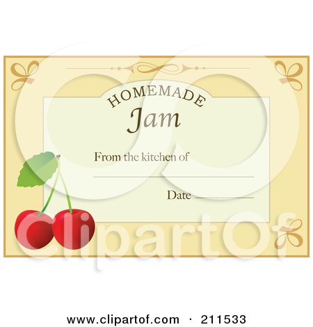 Royalty-Free (RF) Clipart Illustration of a Pastel Orange Homemade Jam From The Kitchen Of Label With Cherries, Text And Date Space by Eugene