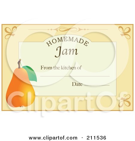 Royalty-Free (RF) Clipart Illustration of a Pastel Orange Homemade Jam From The Kitchen Of Label With A Pear, Text And Date Space by Eugene